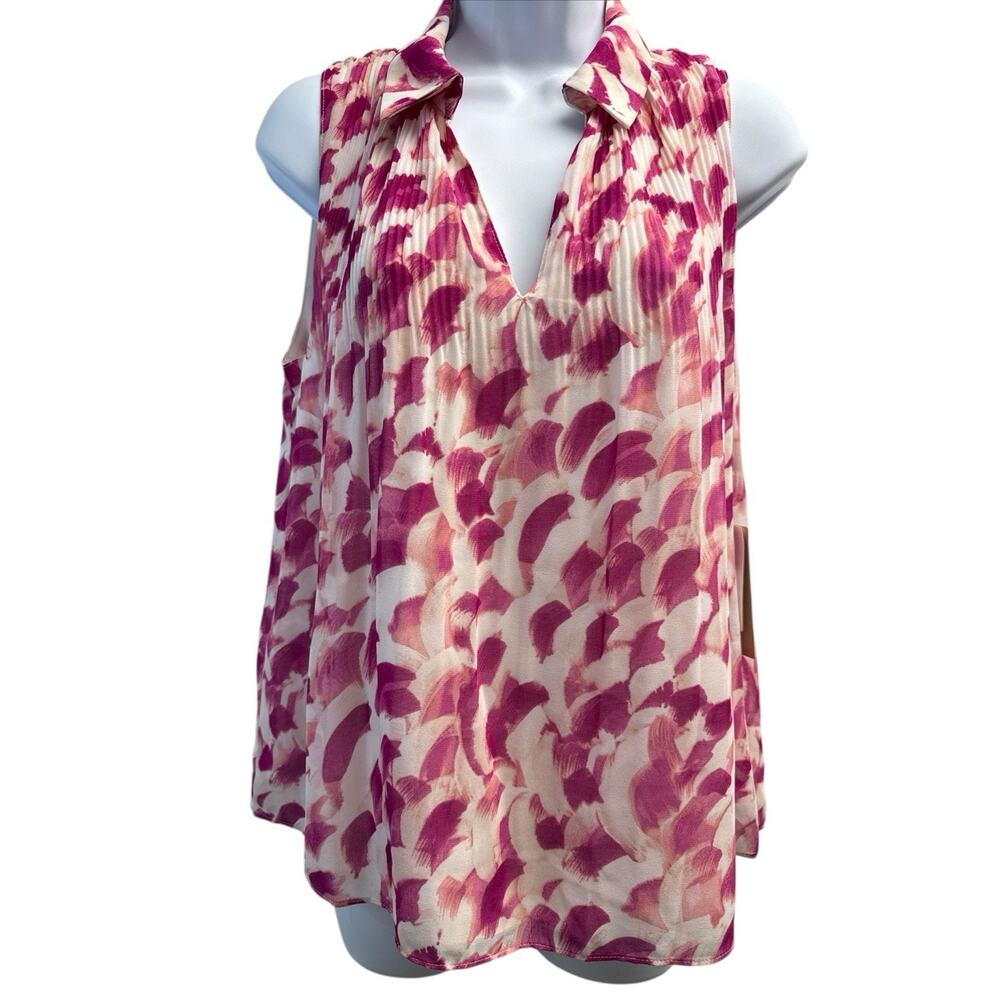 Halogen Women's M Pleated Sleeveless Collared Top Blouse Pink Abstract Lined NWT